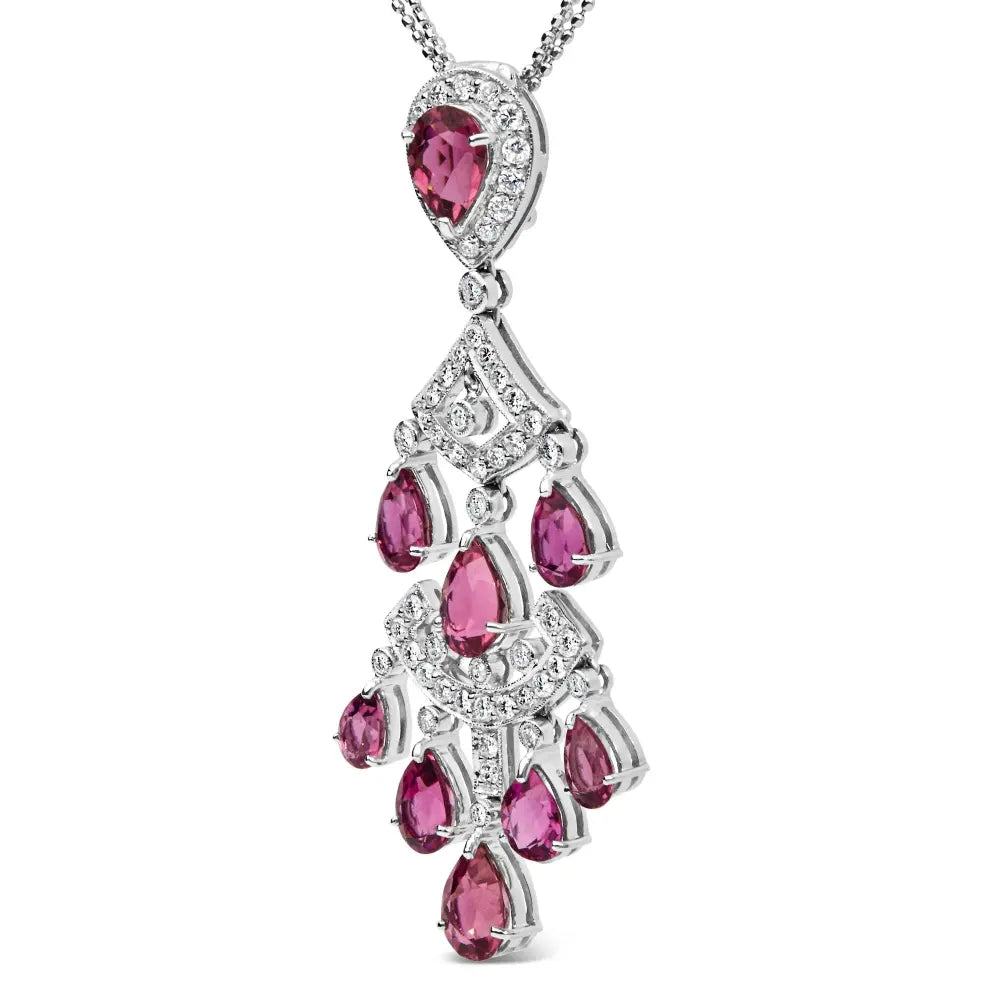 18k white gold 1 1/10 cttw diamond and pink tourmaline double strand art deco inspired chandelier 18’’ pendant necklace (f g