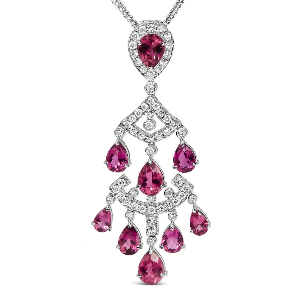 18k white gold 1 1/10 cttw diamond and pink tourmaline double strand art deco inspired chandelier 18’’ pendant necklace (f g