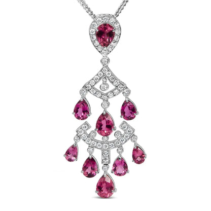 18k white gold 1 1/10 cttw diamond and pink tourmaline double strand art deco inspired chandelier 18’’ pendant necklace (f g