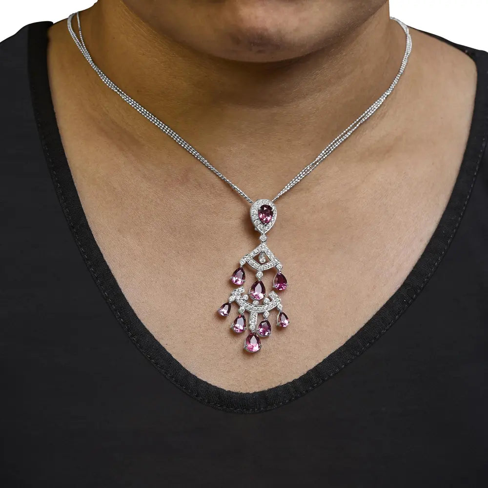 18k white gold 1 1/10 cttw diamond and pink tourmaline double strand art deco inspired chandelier 18’’ pendant necklace (f g