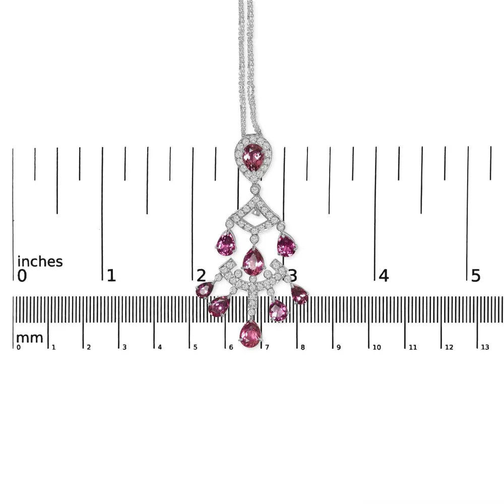 18k white gold 1 1/10 cttw diamond and pink tourmaline double strand art deco inspired chandelier 18’’ pendant necklace (f g