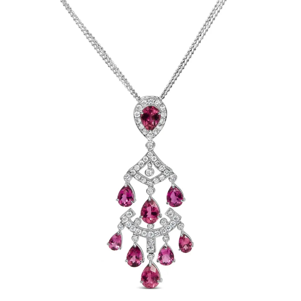 18k white gold 1 1/10 cttw diamond and pink tourmaline double strand art deco inspired chandelier 18’’ pendant necklace (f g