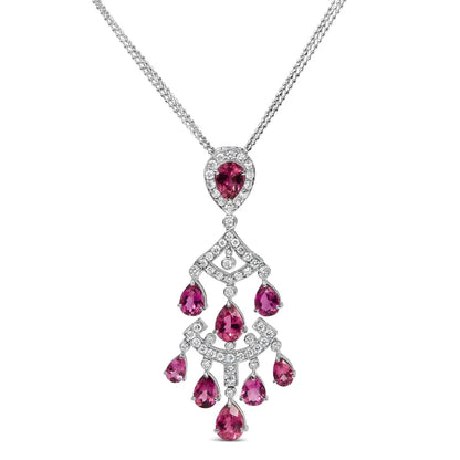 18k white gold 1 1/10 cttw diamond and pink tourmaline double strand art deco inspired chandelier 18’’ pendant necklace (f g