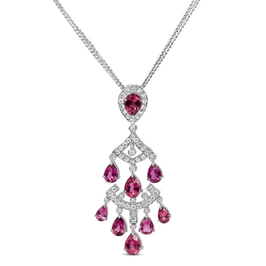 18k white gold 1 1/10 cttw diamond and pink tourmaline double strand art deco inspired chandelier 18’’ pendant necklace (f g