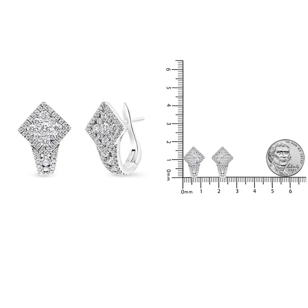 18k white gold 1 1/10 cttw diamond rhombus halo hoop huggie earrings bijoux-nyc direct