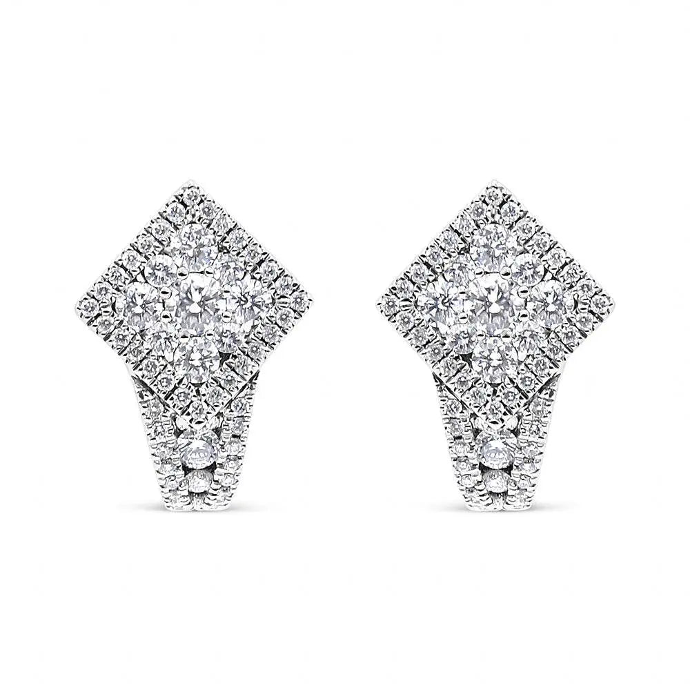 18K White Gold 1 1/10 Cttw Round Diamond Cluster with Halo Hoop Huggie Earring (F-G Color, VS1-VS2 Clarity) - Bijoux-NYC Direct