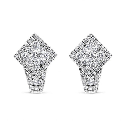 18K White Gold 1 1/10 Cttw Round Diamond Cluster with Halo Hoop Huggie Earring (F-G Color, VS1-VS2 Clarity) - Bijoux-NYC Direct
