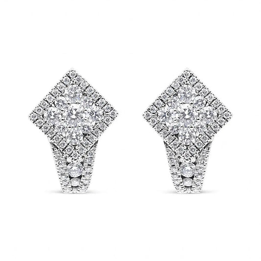 18K White Gold 1 1/10 Cttw Round Diamond Cluster with Halo Hoop Huggie Earring (F-G Color, VS1-VS2 Clarity) - Bijoux-NYC Direct