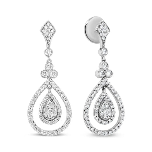 18K White Gold 1 1/4 Cttw Round Diamond Openwork Teardrop-Shaped Dangle Earrings (F-G Color, VS1-VS2 Clarity) - Bijoux-NYC Direct
