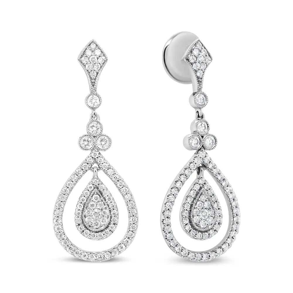 18k white gold 1 1/4 cttw round diamond openwork teardrop dangle earrings bijoux-nyc direct