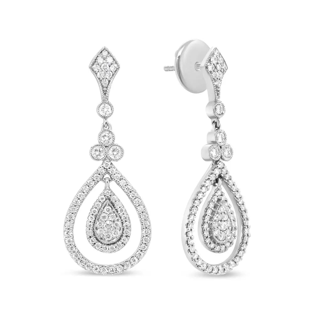 18K White Gold 1 1/4 Cttw Round Diamond Openwork Teardrop-Shaped Dangle Earrings (F-G Color, VS1-VS2 Clarity) - Bijoux-NYC Direct