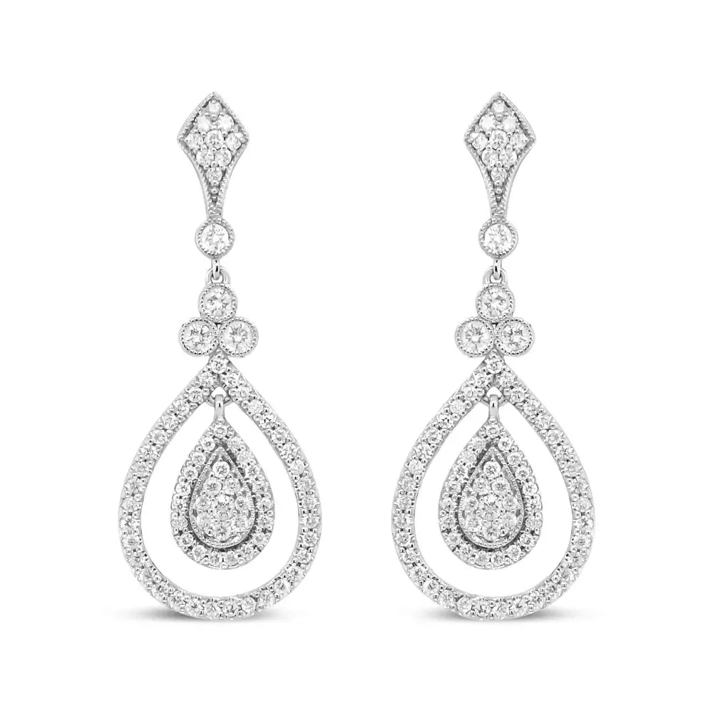 18K White Gold 1 1/4 Cttw Round Diamond Openwork Teardrop-Shaped Dangle Earrings (F-G Color, VS1-VS2 Clarity) - Bijoux-NYC Direct