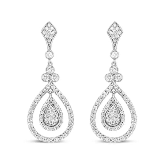 18K White Gold 1 1/4 Cttw Round Diamond Openwork Teardrop-Shaped Dangle Earrings (F-G Color, VS1-VS2 Clarity) - Bijoux-NYC Direct
