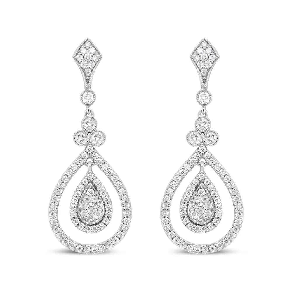 18k white gold 1 1/4 cttw round diamond openwork teardrop dangle earrings bijoux-nyc direct