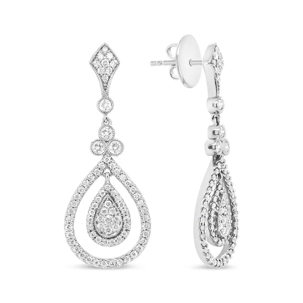 18K White Gold 1 1/4 Cttw Round Diamond Openwork Teardrop-Shaped Dangle Earrings (F-G Color, VS1-VS2 Clarity) - Bijoux-NYC Direct