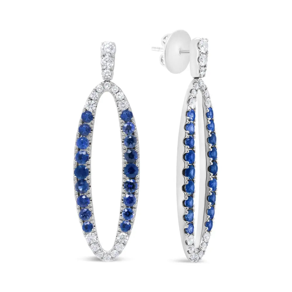 18K White Gold 1.11 Cttw Blue Round Diamond and Blue Sapphire Openwork Oval Shaped Dangle Earrings (F-G Color, VS1-VS2 Clarity) - Bijoux-NYC Direct
