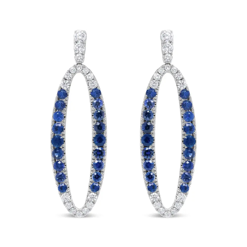 18K White Gold 1.11 Cttw Blue Round Diamond and Blue Sapphire Openwork Oval Shaped Dangle Earrings (F-G Color, VS1-VS2 Clarity) - Bijoux-NYC Direct