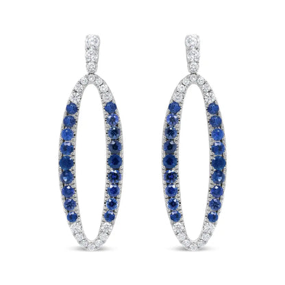 18K White Gold 1.11 Cttw Blue Round Diamond and Blue Sapphire Openwork Oval Shaped Dangle Earrings (F-G Color, VS1-VS2 Clarity) - Bijoux-NYC Direct
