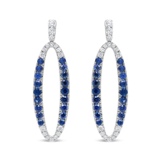 18K White Gold 1.11 Cttw Blue Round Diamond and Blue Sapphire Openwork Oval Shaped Dangle Earrings (F-G Color, VS1-VS2 Clarity) - Bijoux-NYC Direct