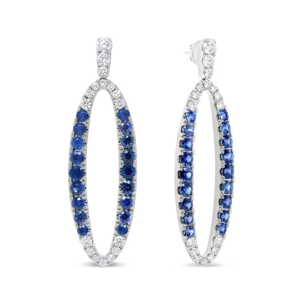 18K White Gold 1.11 Cttw Blue Round Diamond and Blue Sapphire Openwork Oval Shaped Dangle Earrings (F-G Color, VS1-VS2 Clarity) - Bijoux-NYC Direct