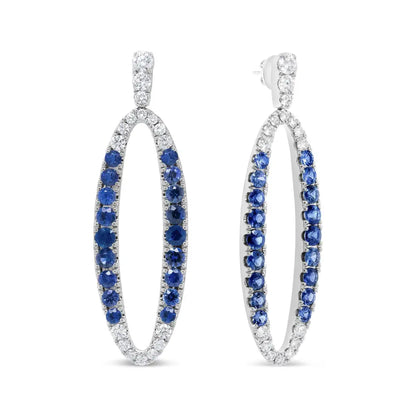 18K White Gold 1.11 Cttw Blue Round Diamond and Blue Sapphire Openwork Oval Shaped Dangle Earrings (F-G Color, VS1-VS2 Clarity) - Bijoux-NYC Direct