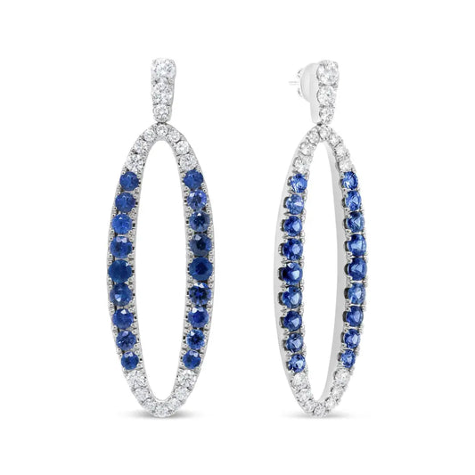 18K White Gold 1.11 Cttw Blue Round Diamond and Blue Sapphire Openwork Oval Shaped Dangle Earrings (F-G Color, VS1-VS2 Clarity) - Bijoux-NYC Direct