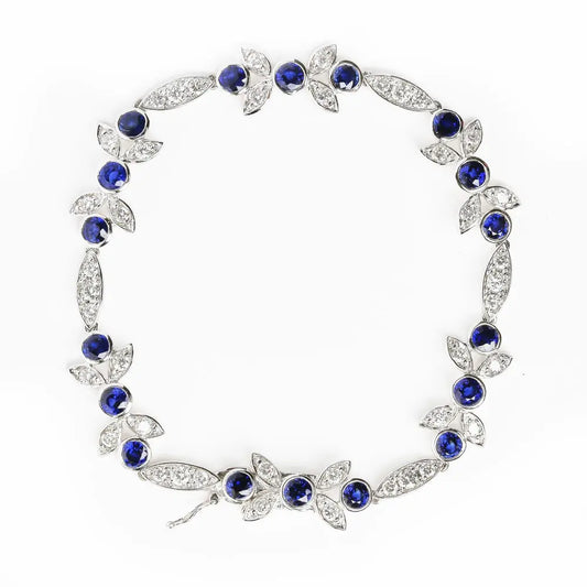 18K White Gold 1 3/4 Cttw Diamond and 3x3mm Round Blue Sapphire Gemstone Floral Link Bracelet (G-H Color, SI1-SI2 Clarity) - Size 7" - Bijoux-NYC Direct