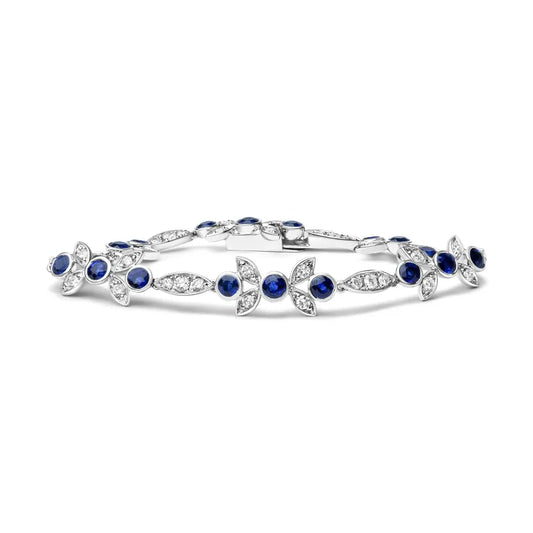 18K White Gold 1 3/4 Cttw Diamond and 3x3mm Round Blue Sapphire Gemstone Floral Link Bracelet (G-H Color, SI1-SI2 Clarity) - Size 7" - Bijoux-NYC Direct