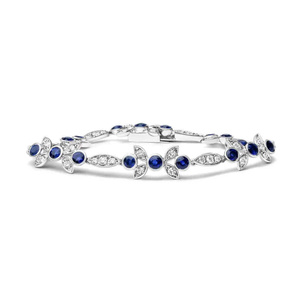 18k white gold 1 3/4 cttw diamond and blue sapphire floral link bracelet bijoux-nyc direct