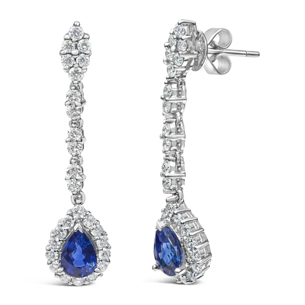 18K White Gold 1 3/5 Cttw Diamond and 7X5 MM Pear Shaped Blue Sapphire 1 1/3 Inch Drop and Dangle Halo Earrings (G-H Color, VS1-VS2 Clarity) - Bijoux-NYC Direct