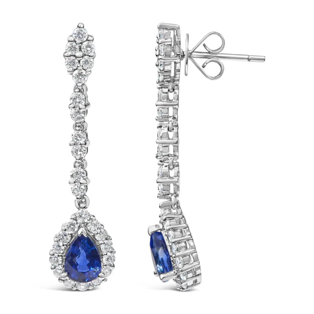 18K White Gold 1 3/5 Cttw Diamond and 7X5 MM Pear Shaped Blue Sapphire 1 1/3 Inch Drop and Dangle Halo Earrings (G-H Color, VS1-VS2 Clarity) - Bijoux-NYC Direct