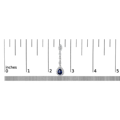 18K White Gold 1 3/5 Cttw Diamond and 7X5 MM Pear Shaped Blue Sapphire 1 1/3 Inch Drop and Dangle Halo Earrings (G-H Color, VS1-VS2 Clarity) - Bijoux-NYC Direct