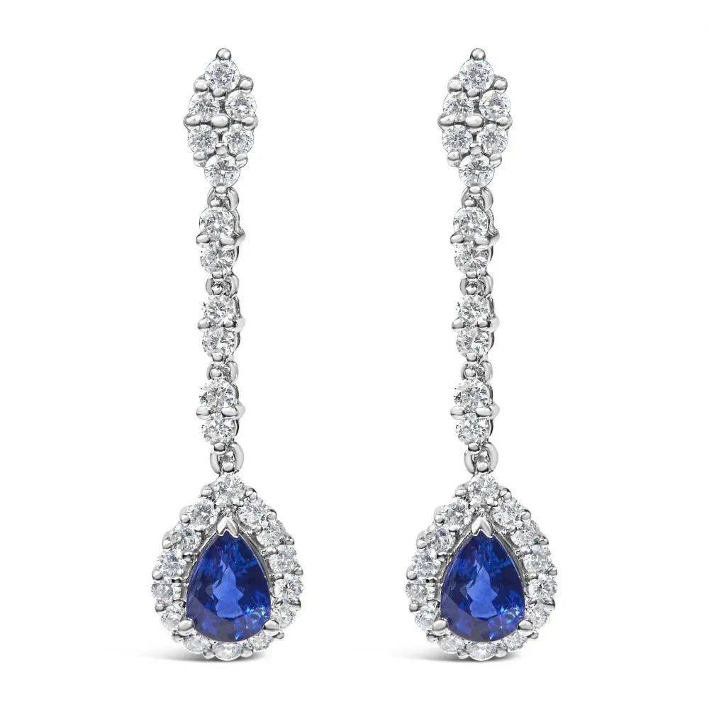 18K White Gold 1 3/5 Cttw Diamond and 7X5 MM Pear Shaped Blue Sapphire 1 1/3 Inch Drop and Dangle Halo Earrings (G-H Color, VS1-VS2 Clarity) - Bijoux-NYC Direct