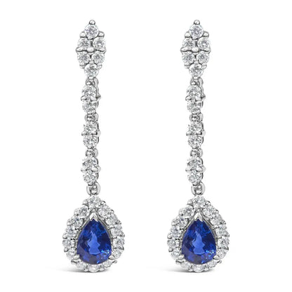18K White Gold 1 3/5 Cttw Diamond and 7X5 MM Pear Shaped Blue Sapphire 1 1/3 Inch Drop and Dangle Halo Earrings (G-H Color, VS1-VS2 Clarity) - Bijoux-NYC Direct