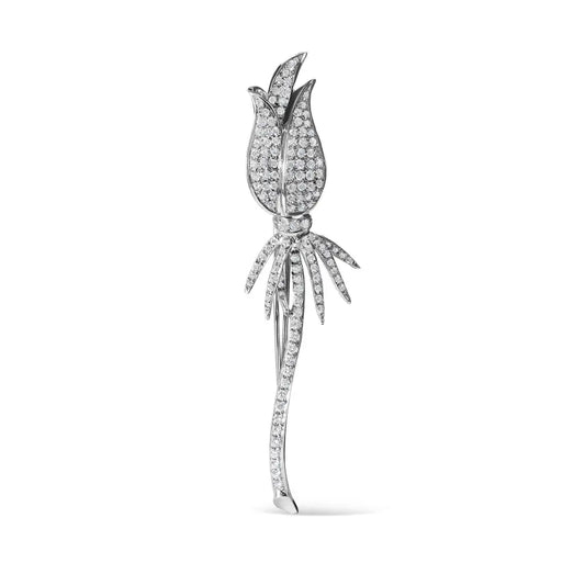18K White Gold 1 3/5 Cttw Pave Set Diamond Tulip Brooch Pin (H-I Color, VS1-VS2 Clarity) - Bijoux-NYC Direct