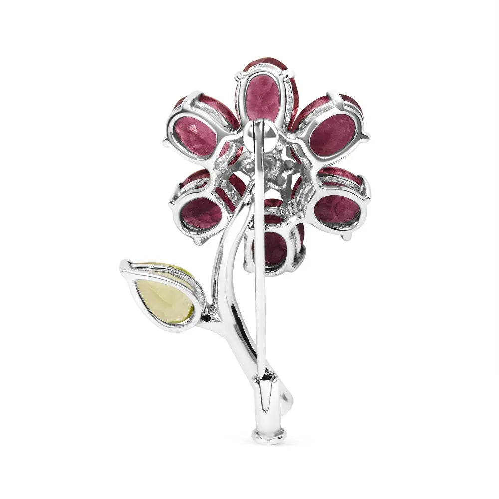 18K White Gold 1/3 Cttw Diamond, Pink Tourmaline, and Green Peridot Flower and Leaf Tulip Brooch Pin (H-I Color, VS2-SI1) - Bijoux-NYC Direct