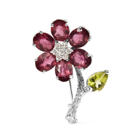 18K White Gold 1/3 Cttw Diamond, Pink Tourmaline, and Green Peridot Flower and Leaf Tulip Brooch Pin (H-I Color, VS2-SI1) - Bijoux-NYC Direct