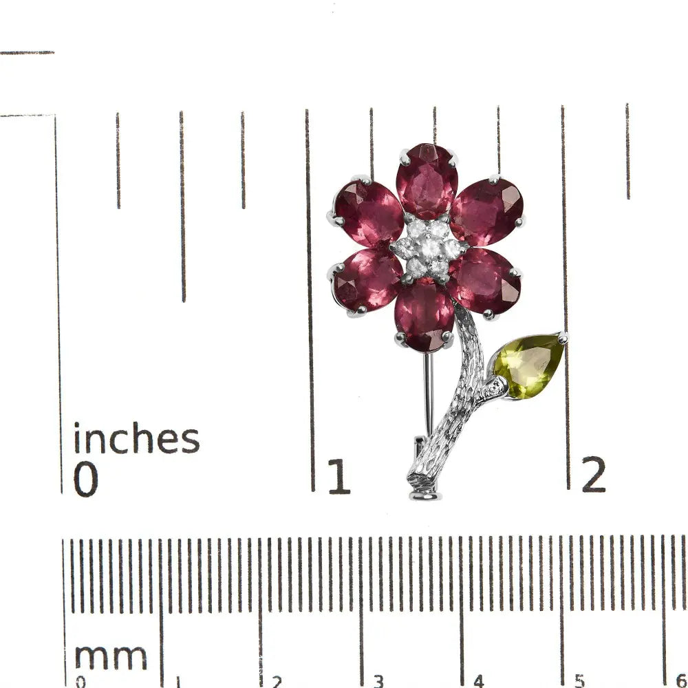 18K White Gold 1/3 Cttw Diamond, Pink Tourmaline, and Green Peridot Flower and Leaf Tulip Brooch Pin (H-I Color, VS2-SI1) - Bijoux-NYC Direct
