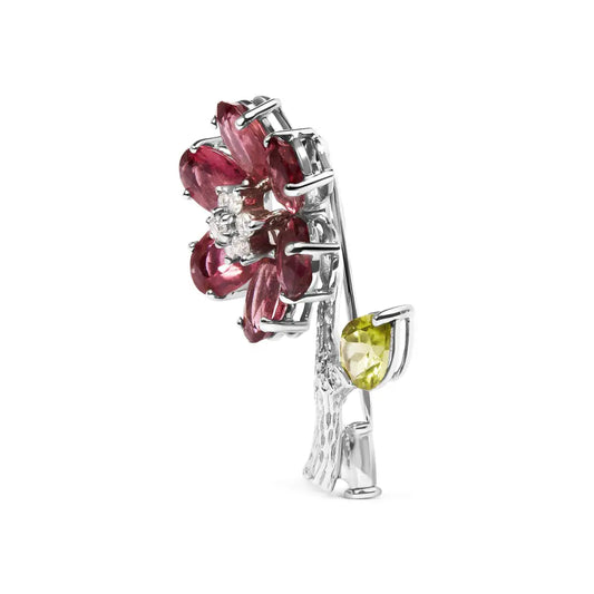 18K White Gold 1/3 Cttw Diamond, Pink Tourmaline, and Green Peridot Flower and Leaf Tulip Brooch Pin (H-I Color, VS2-SI1) - Bijoux-NYC Direct