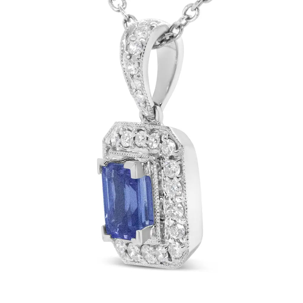 18k white gold 1/4 cttw diamond and emerald cut tanzanite halo necklace bijoux-nyc direct