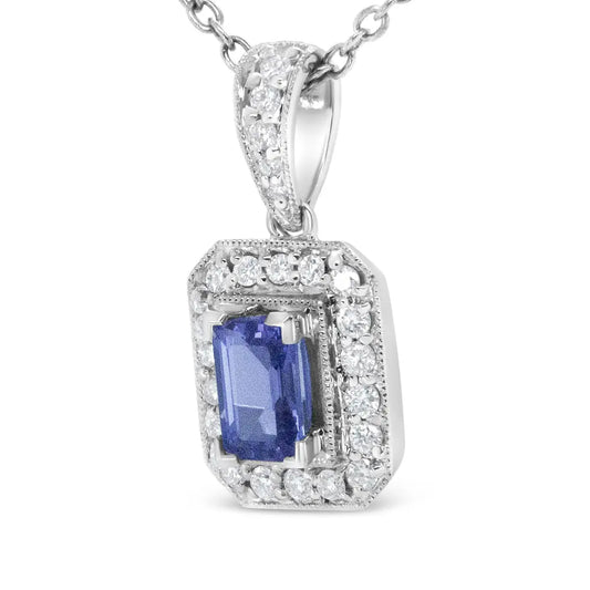 18K White Gold 1/4 Cttw Round Diamond and 6x4mm Purple Tanzanite Halo 18" Pendant Necklace (H-I Color, VS1-VS2 Clarity) - Bijoux-NYC Direct