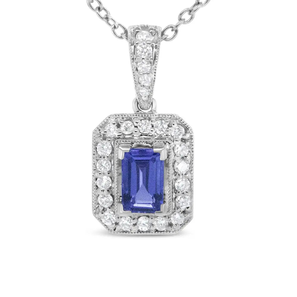 18K White Gold 1/4 Cttw Round Diamond and 6x4mm Purple Tanzanite Halo 18" Pendant Necklace (H-I Color, VS1-VS2 Clarity) - Bijoux-NYC Direct
