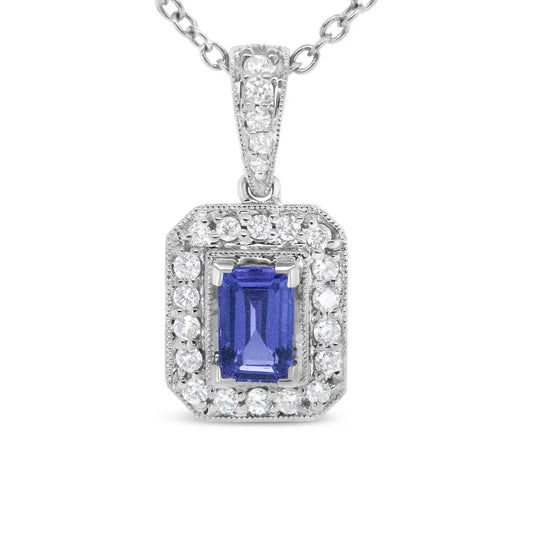 18K White Gold 1/4 Cttw Round Diamond and 6x4mm Purple Tanzanite Halo 18" Pendant Necklace (H-I Color, VS1-VS2 Clarity) - Bijoux-NYC Direct