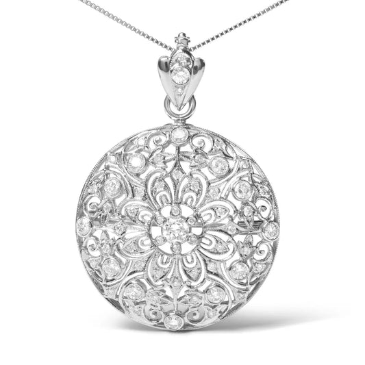18K White Gold 1 5/6 Cttw Diamond Cluster Floral Filigree Brooch Pin and 18" Pendant Necklace (G-H Color, I1-I2 Clarity) - Bijoux-NYC Direct