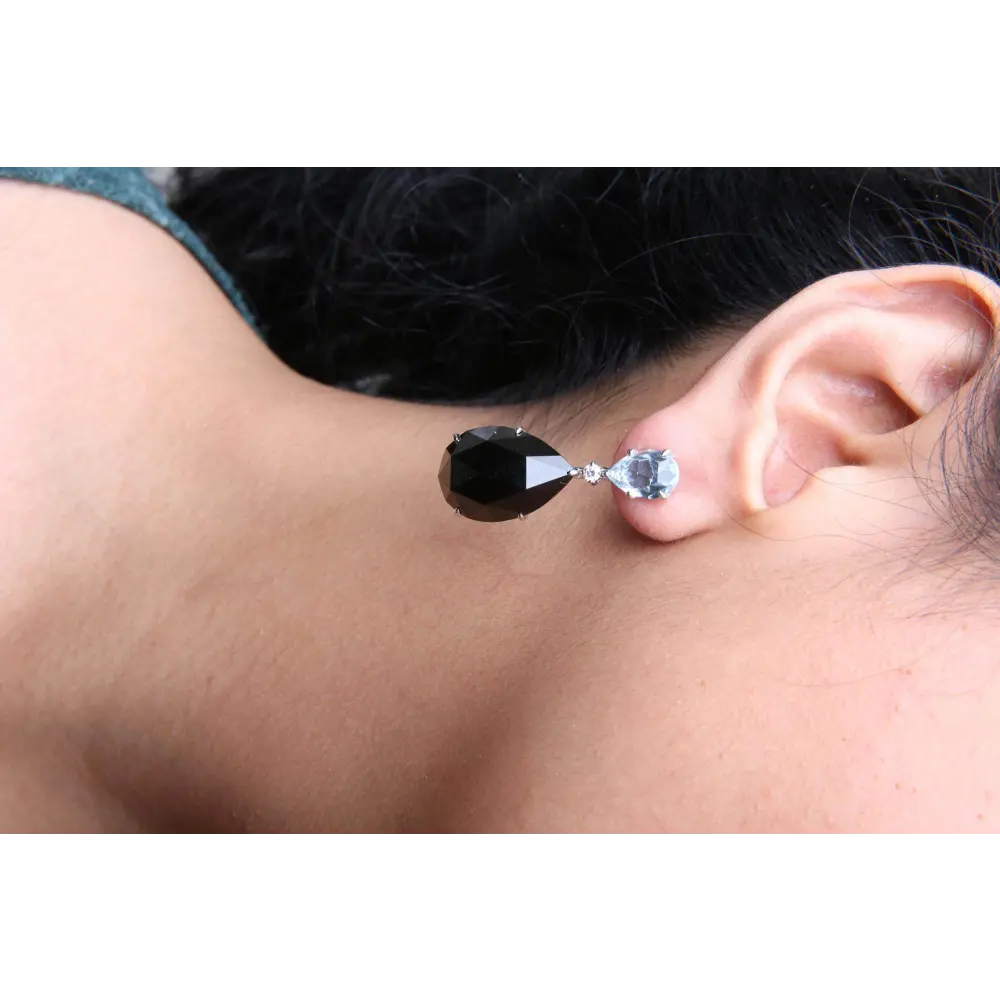 18K White Gold 1/5 Cttw Diamond with Pear Cut Sky Blue Topaz and Pear-Cut Black Onyx Gemstone Dangle Earring (G-H Color, SI1-SI2 Clarity) - Bijoux-NYC Direct