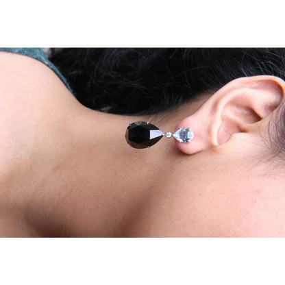 18K White Gold 1/5 Cttw Diamond with Pear Cut Sky Blue Topaz and Pear-Cut Black Onyx Gemstone Dangle Earring (G-H Color, SI1-SI2 Clarity) - Bijoux-NYC Direct