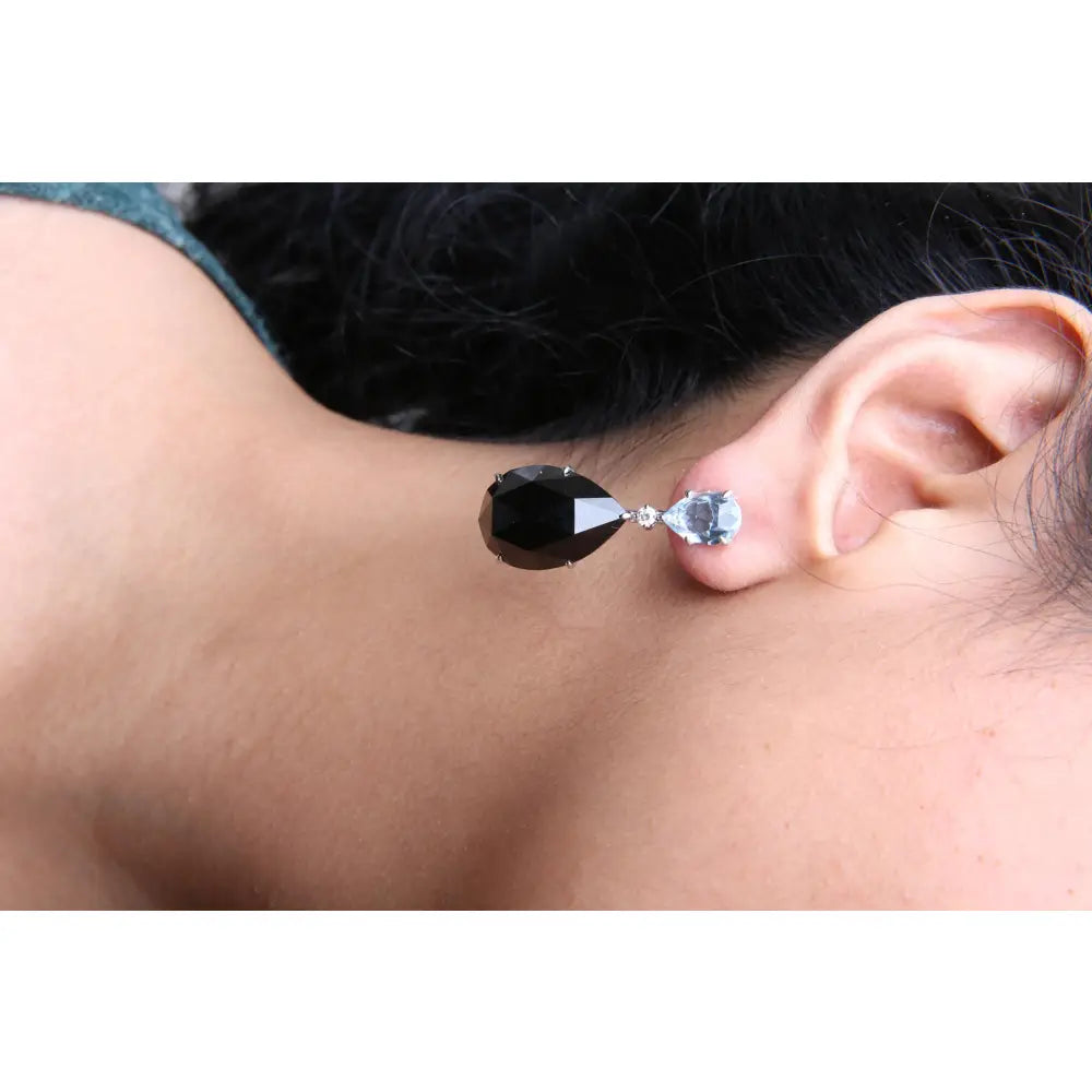 18k white gold blue topaz and black onyx diamond dangle earrings 1/5 cttw bijoux-nyc direct