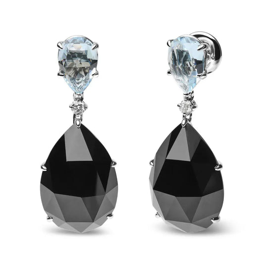 18K White Gold 1/5 Cttw Diamond with Pear Cut Sky Blue Topaz and Pear-Cut Black Onyx Gemstone Dangle Earring (G-H Color, SI1-SI2 Clarity) - Bijoux-NYC Direct