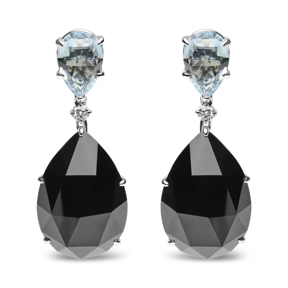 18K White Gold 1/5 Cttw Diamond with Pear Cut Sky Blue Topaz and Pear-Cut Black Onyx Gemstone Dangle Earring (G-H Color, SI1-SI2 Clarity) - Bijoux-NYC Direct