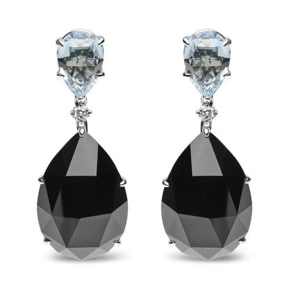 18K White Gold 1/5 Cttw Diamond with Pear Cut Sky Blue Topaz and Pear-Cut Black Onyx Gemstone Dangle Earring (G-H Color, SI1-SI2 Clarity) - Bijoux-NYC Direct